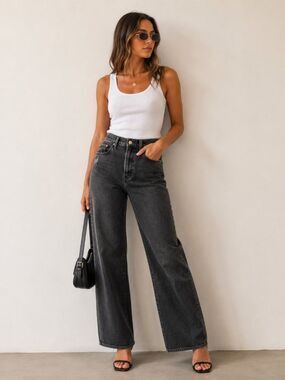 Pistola High Rise Wide Leg Black Wash Jeans Size 29 Distressed Raw Hem